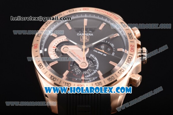 Tag Heuer Grand Carrera Calibre 36 Chrono Miyota Quartz Rose Gold Case with Black Dial and Stick Markers - Click Image to Close